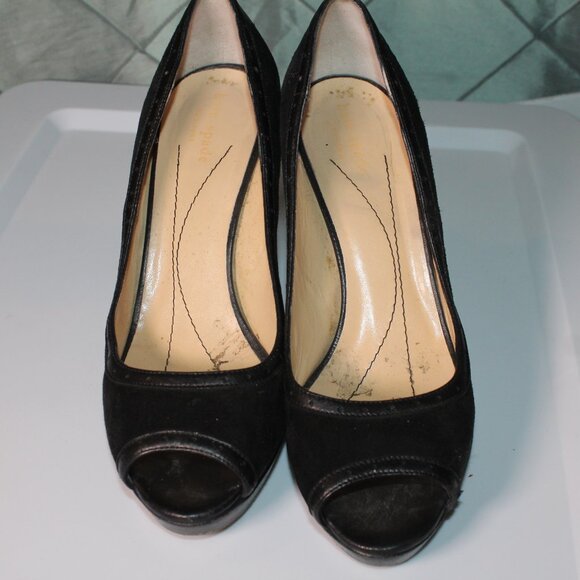 Kate Spade Black Patent Leather Suede Women's Heel open toe Italy‎ Sz 9B *SH - Picture 4 of 7